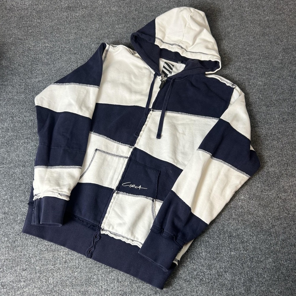 Circa Hoodie Mens Large Navy White Full Zip Fleece Sweatshirt Kangaroo Pocket